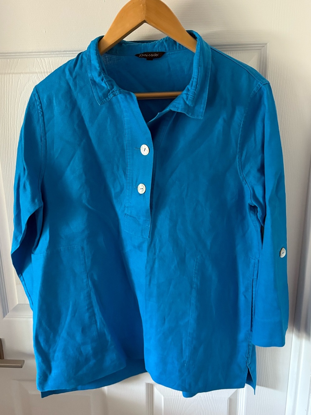 John Mark Turquoise Blue 100% Linen 3/4 Roll-Tab Sleeve Popover Tunic Top L